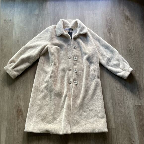 elliatt marine ivory cream faux fur collared open front long trench coat jacket